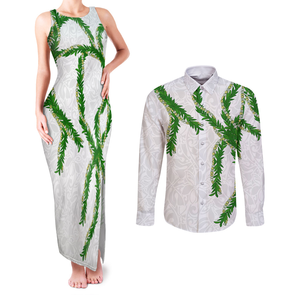 Hawaii Maile Lei Couples Matching Tank Maxi Dress and Long Sleeve Button Shirt Aloha White Color