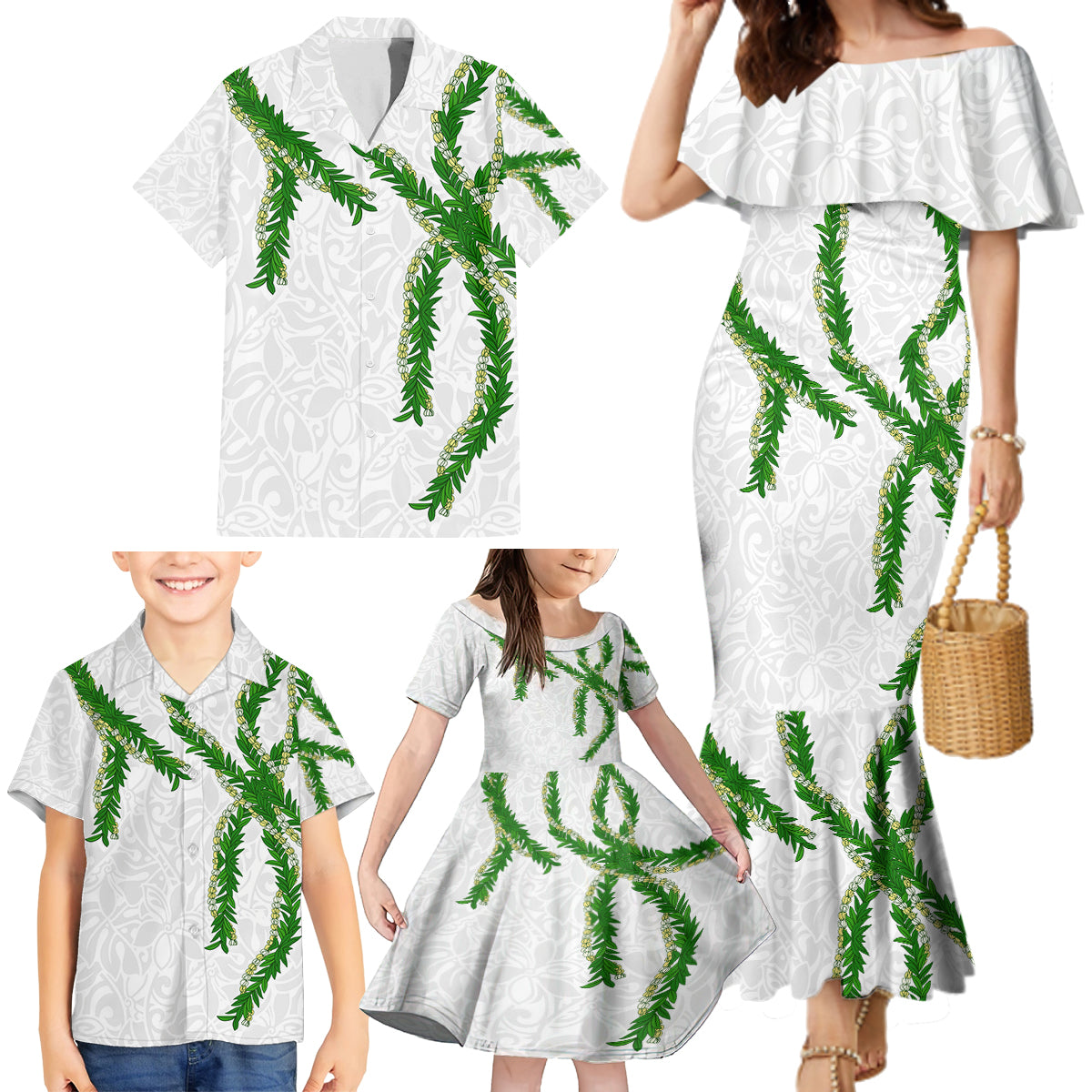 Hawaii Maile Lei Family Matching Mermaid Dress and Hawaiian Shirt Aloha White Color LT03 - Polynesian Pride