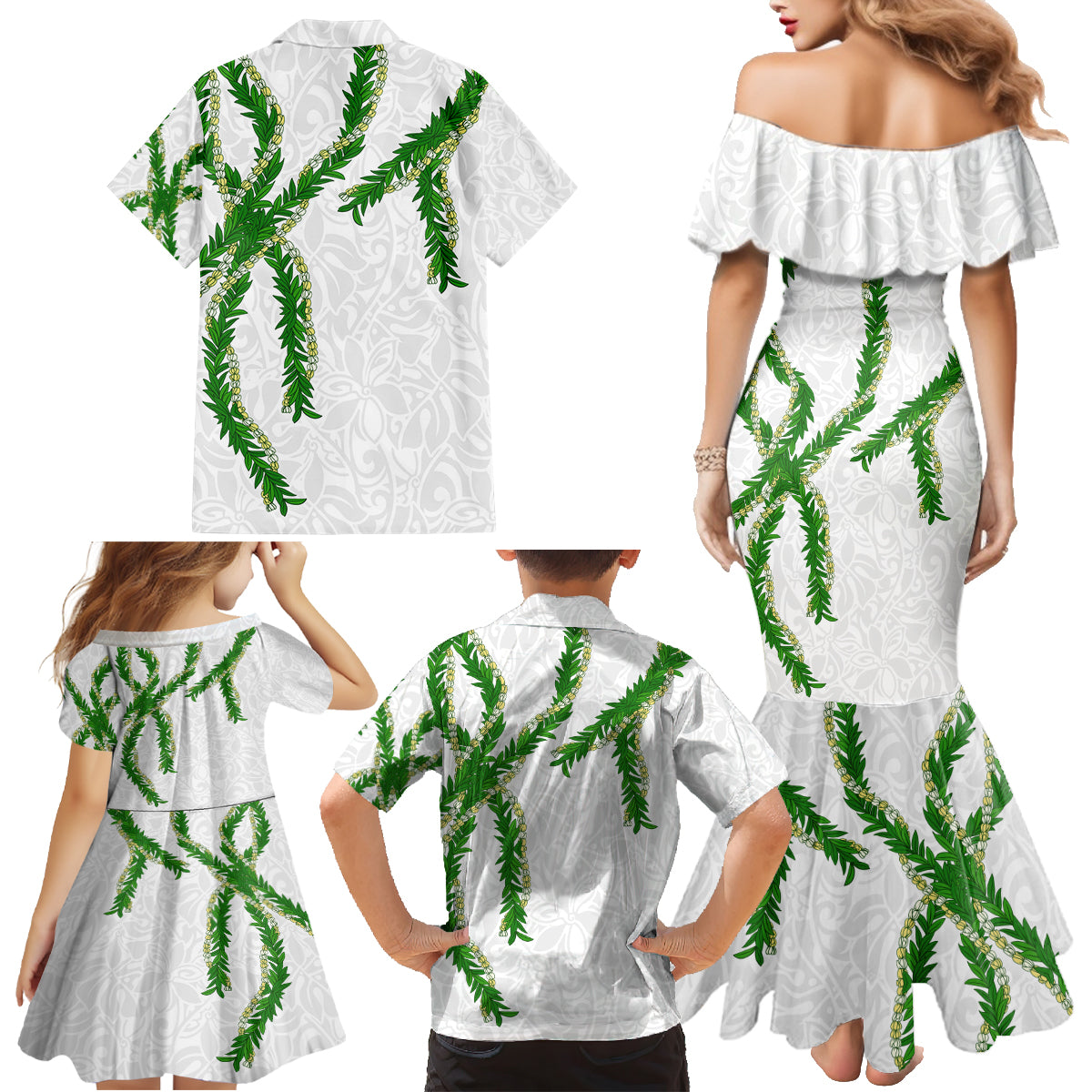 Hawaii Maile Lei Family Matching Mermaid Dress and Hawaiian Shirt Aloha White Color LT03 - Polynesian Pride
