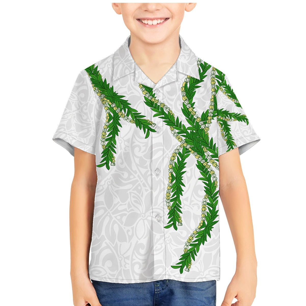 Hawaii Maile Lei Family Matching Mermaid Dress and Hawaiian Shirt Aloha White Color LT03 Son's Shirt White - Polynesian Pride