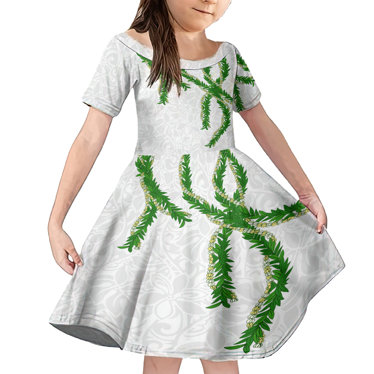 Hawaii Maile Lei Family Matching Off Shoulder Maxi Dress and Hawaiian Shirt Aloha White Color LT03 Daughter's Dress White - Polynesian Pride