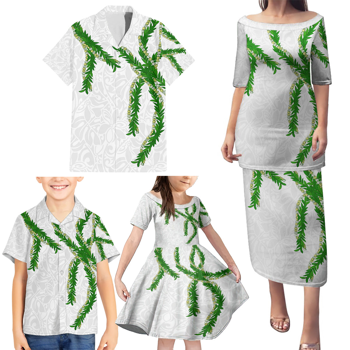 Hawaii Maile Lei Family Matching Puletasi and Hawaiian Shirt Aloha White Color LT03 - Polynesian Pride