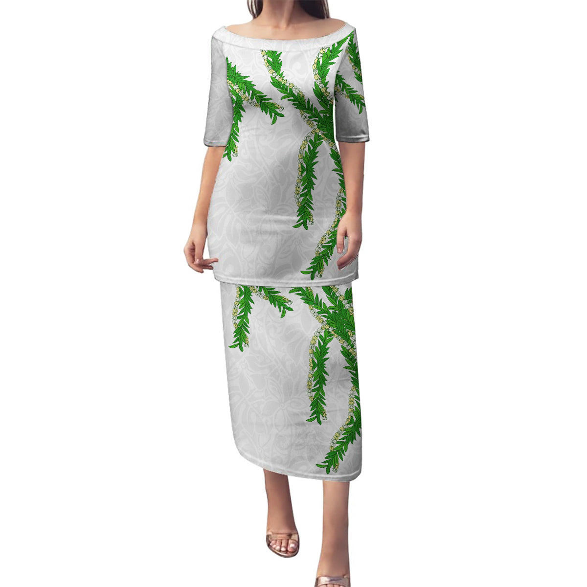 Hawaii Maile Lei Family Matching Puletasi and Hawaiian Shirt Aloha White Color LT03 Mom's Dress White - Polynesian Pride