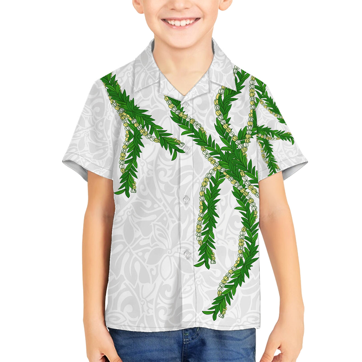 Hawaii Maile Lei Family Matching Puletasi and Hawaiian Shirt Aloha White Color LT03 Son's Shirt White - Polynesian Pride