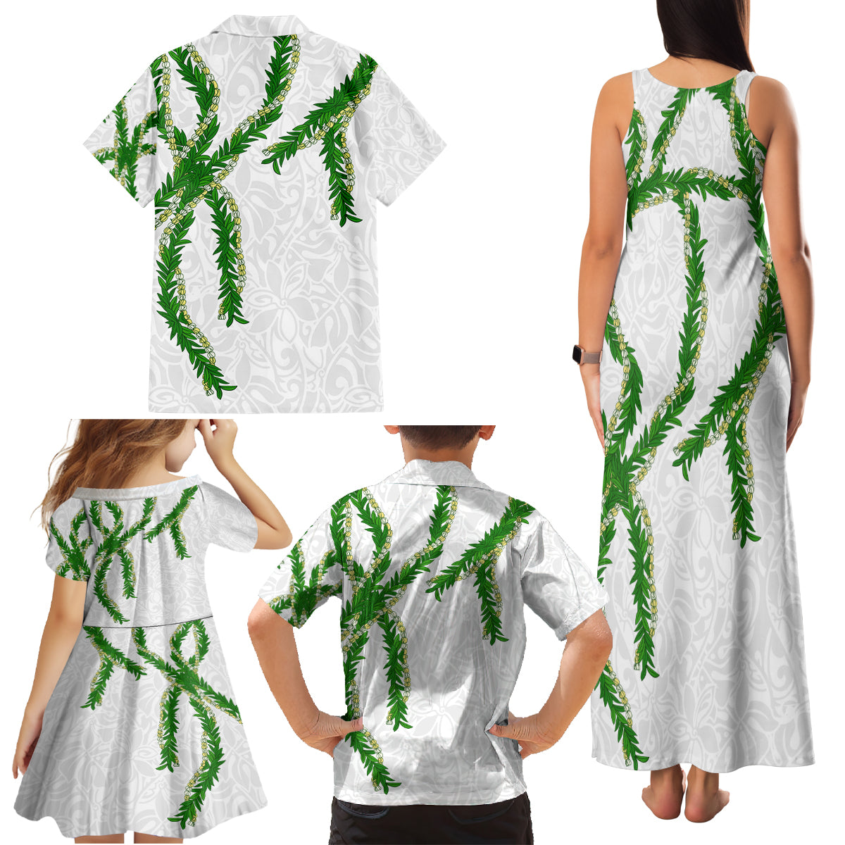 Hawaii Maile Lei Family Matching Tank Maxi Dress and Hawaiian Shirt Aloha White Color
