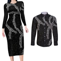 Hawaii Maile Lei Couples Matching Long Sleeve Bodycon Dress and Long Sleeve Button Shirt Aloha Grayscale Color