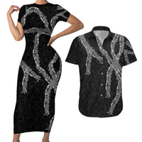 Hawaii Maile Lei Couples Matching Short Sleeve Bodycon Dress and Hawaiian Shirt Aloha Grayscale Color LT03 Grayscale - Polynesian Pride