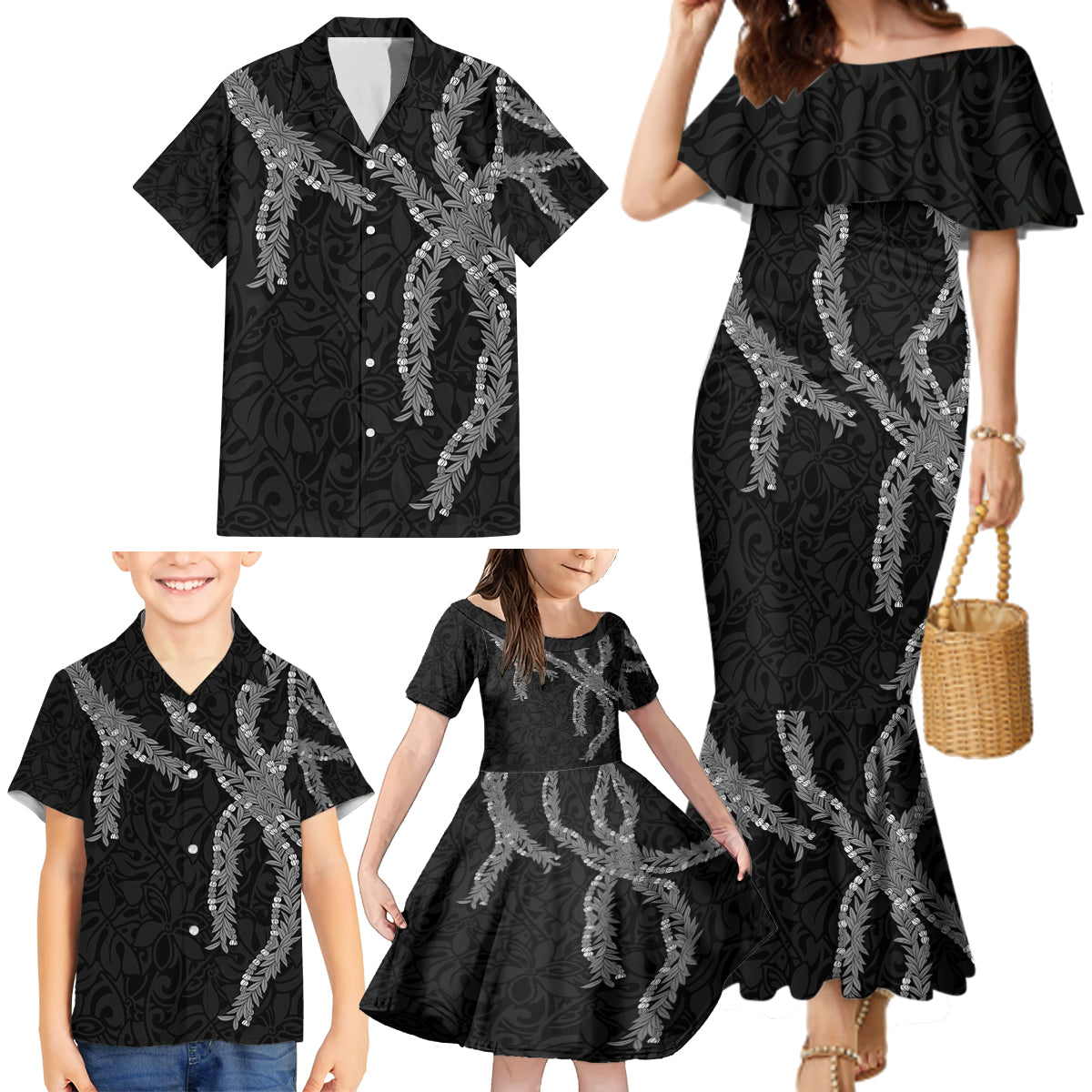 Hawaii Maile Lei Family Matching Mermaid Dress and Hawaiian Shirt Aloha Grayscale Color