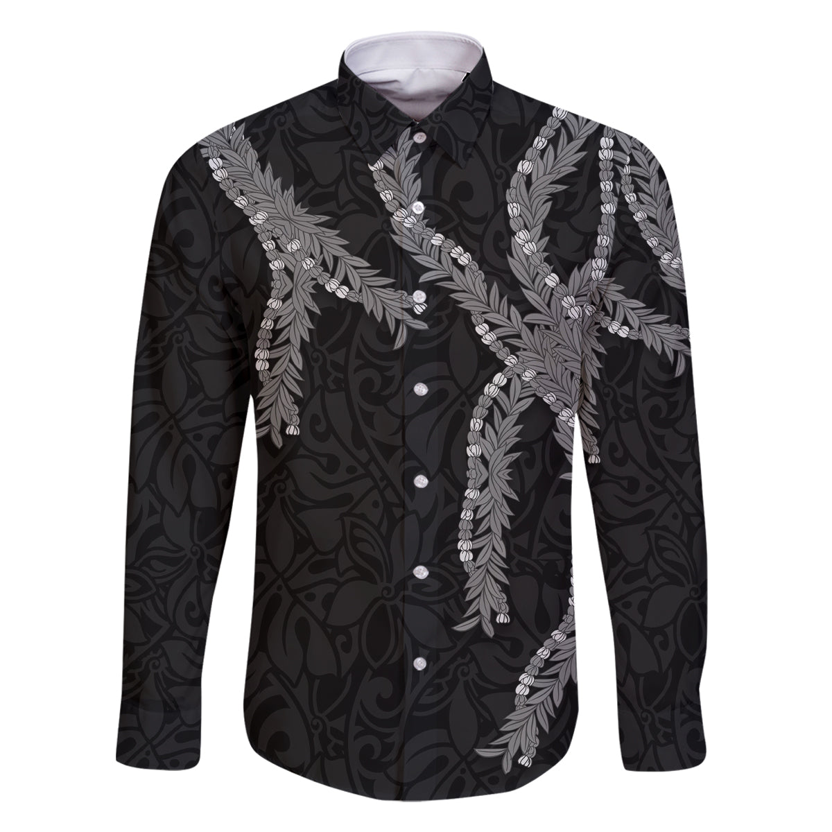 Hawaii Maile Lei Family Matching Mermaid Dress and Hawaiian Shirt Aloha Grayscale Color LT03 Dad's Shirt - Long Sleeve Grayscale - Polynesian Pride