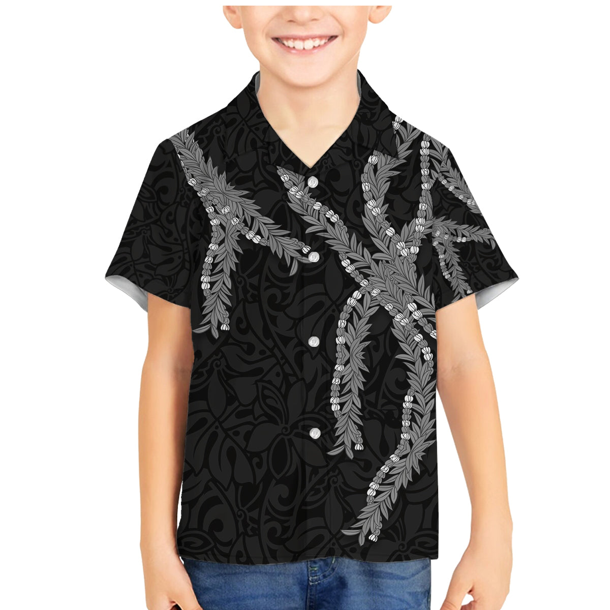 Hawaii Maile Lei Family Matching Mermaid Dress and Hawaiian Shirt Aloha Grayscale Color LT03 Son's Shirt Grayscale - Polynesian Pride