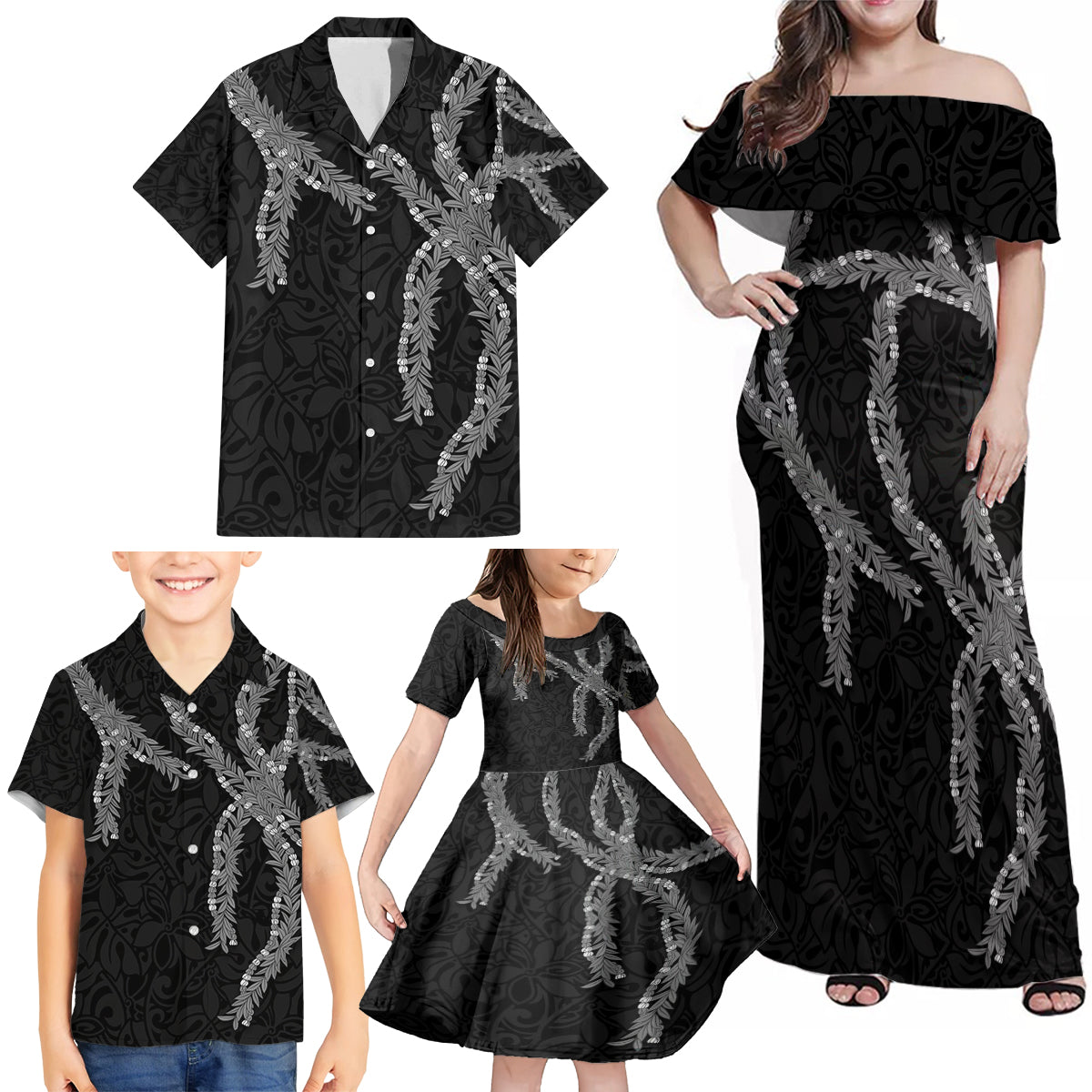Hawaii Maile Lei Family Matching Off Shoulder Maxi Dress and Hawaiian Shirt Aloha Grayscale Color LT03 - Polynesian Pride