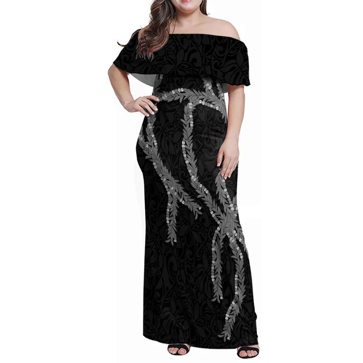 Hawaii Maile Lei Family Matching Off Shoulder Maxi Dress and Hawaiian Shirt Aloha Grayscale Color LT03 Mom's Dress Grayscale - Polynesian Pride