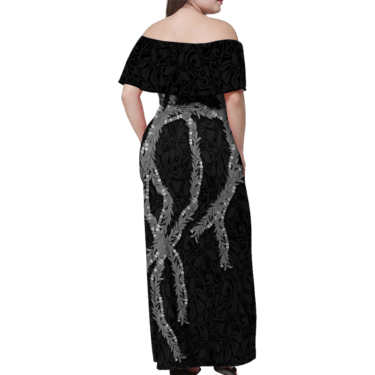 Hawaii Maile Lei Family Matching Off Shoulder Maxi Dress and Hawaiian Shirt Aloha Grayscale Color LT03 - Polynesian Pride