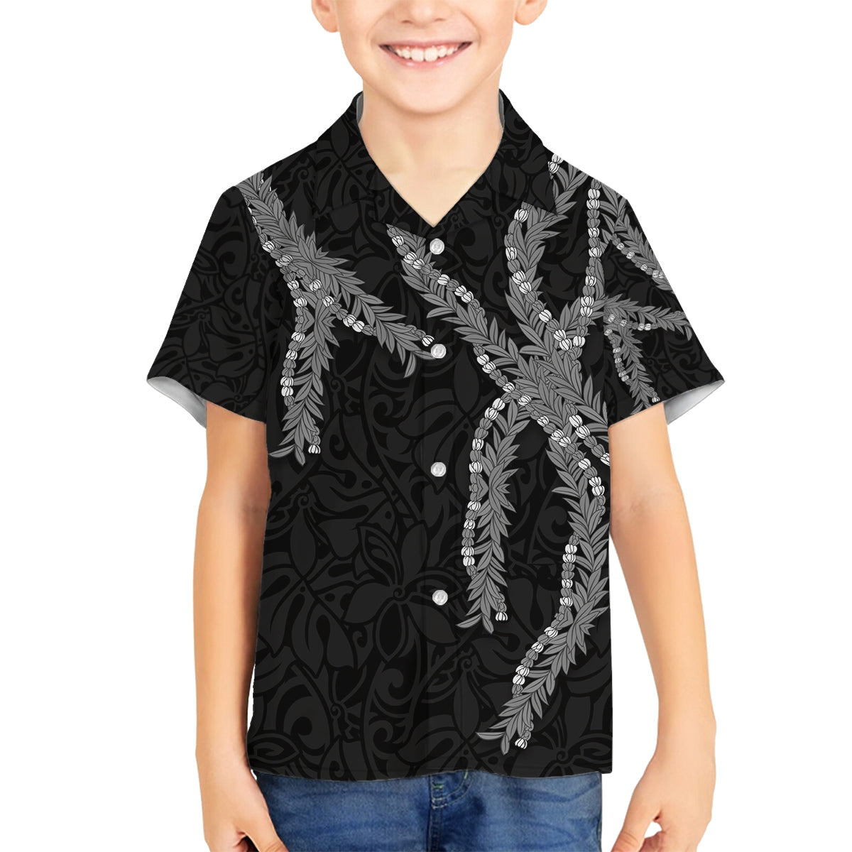 Hawaii Maile Lei Family Matching Off Shoulder Maxi Dress and Hawaiian Shirt Aloha Grayscale Color LT03 Son's Shirt Grayscale - Polynesian Pride