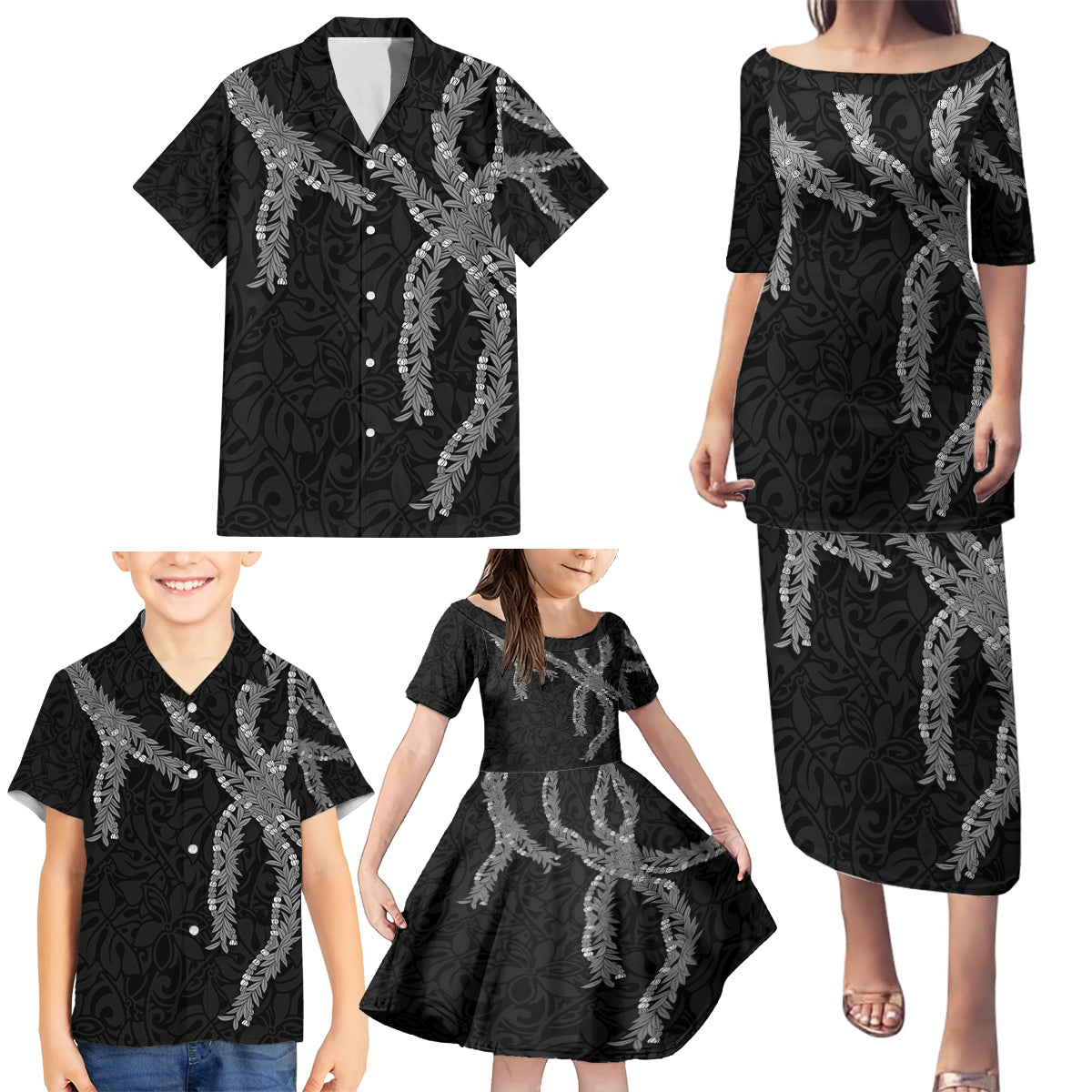 Hawaii Maile Lei Family Matching Puletasi and Hawaiian Shirt Aloha Grayscale Color LT03 - Polynesian Pride