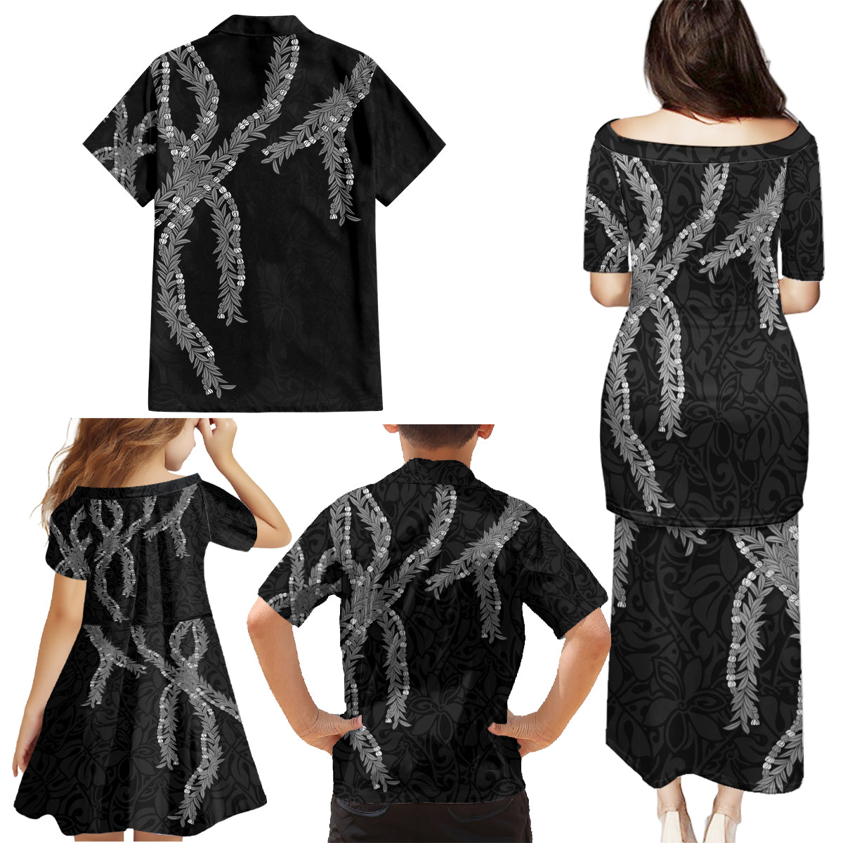 Hawaii Maile Lei Family Matching Puletasi and Hawaiian Shirt Aloha Grayscale Color LT03 - Polynesian Pride