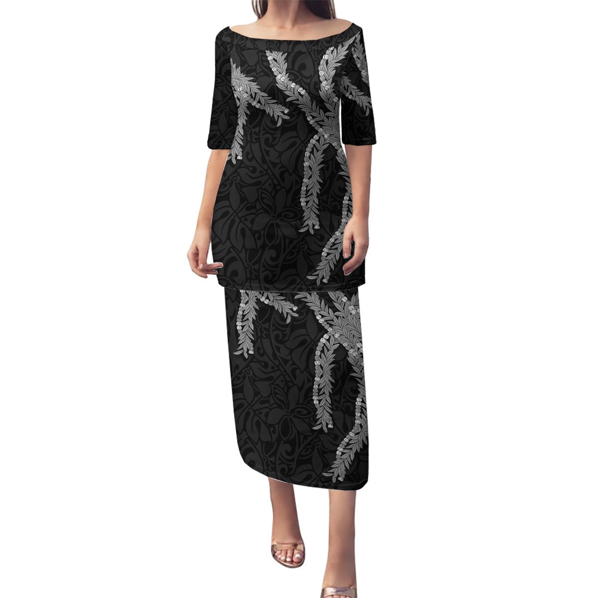 Hawaii Maile Lei Family Matching Puletasi and Hawaiian Shirt Aloha Grayscale Color LT03 Mom's Dress Grayscale - Polynesian Pride