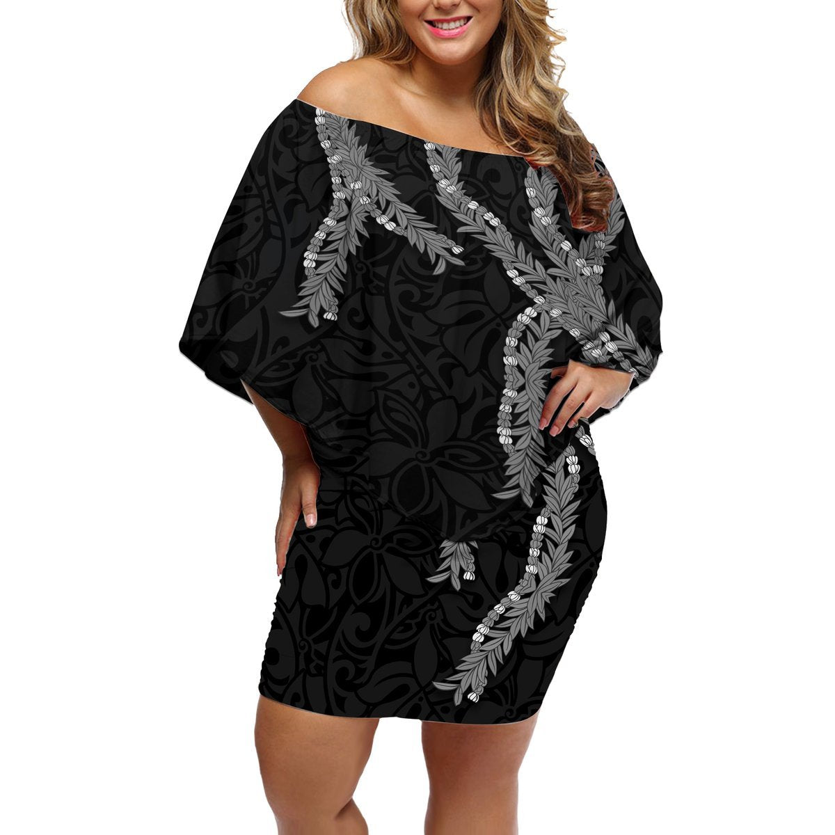Hawaii Maile Lei Off Shoulder Short Dress Aloha Grayscale Color LT03 Women Grayscale - Polynesian Pride