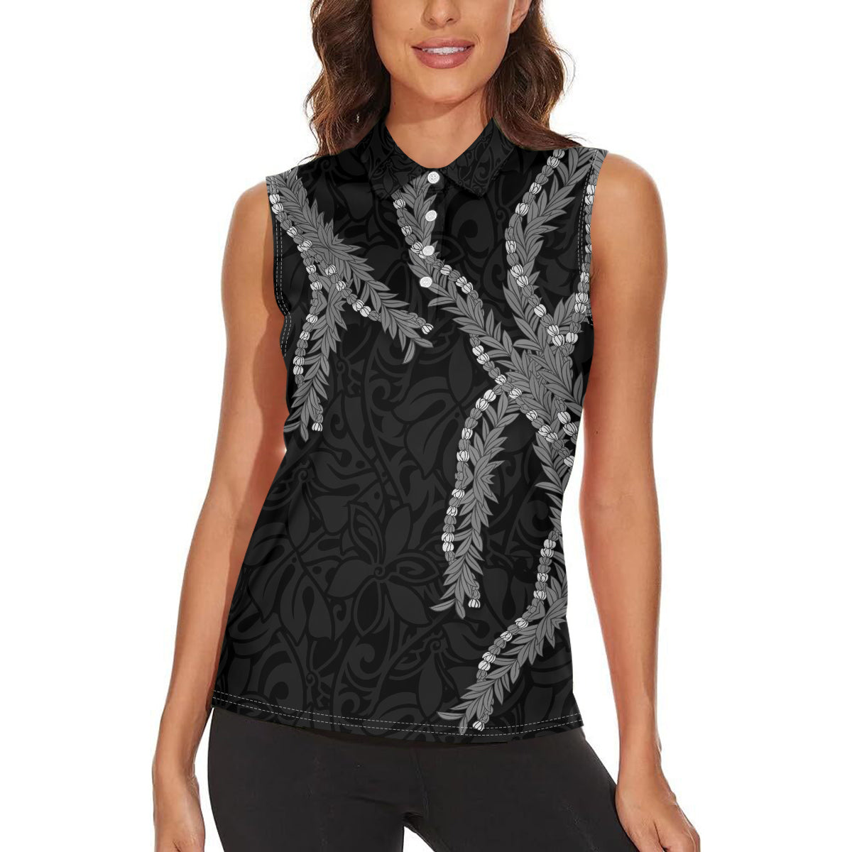 Hawaii Maile Lei Women Sleeveless Polo Shirt Aloha Grayscale Color