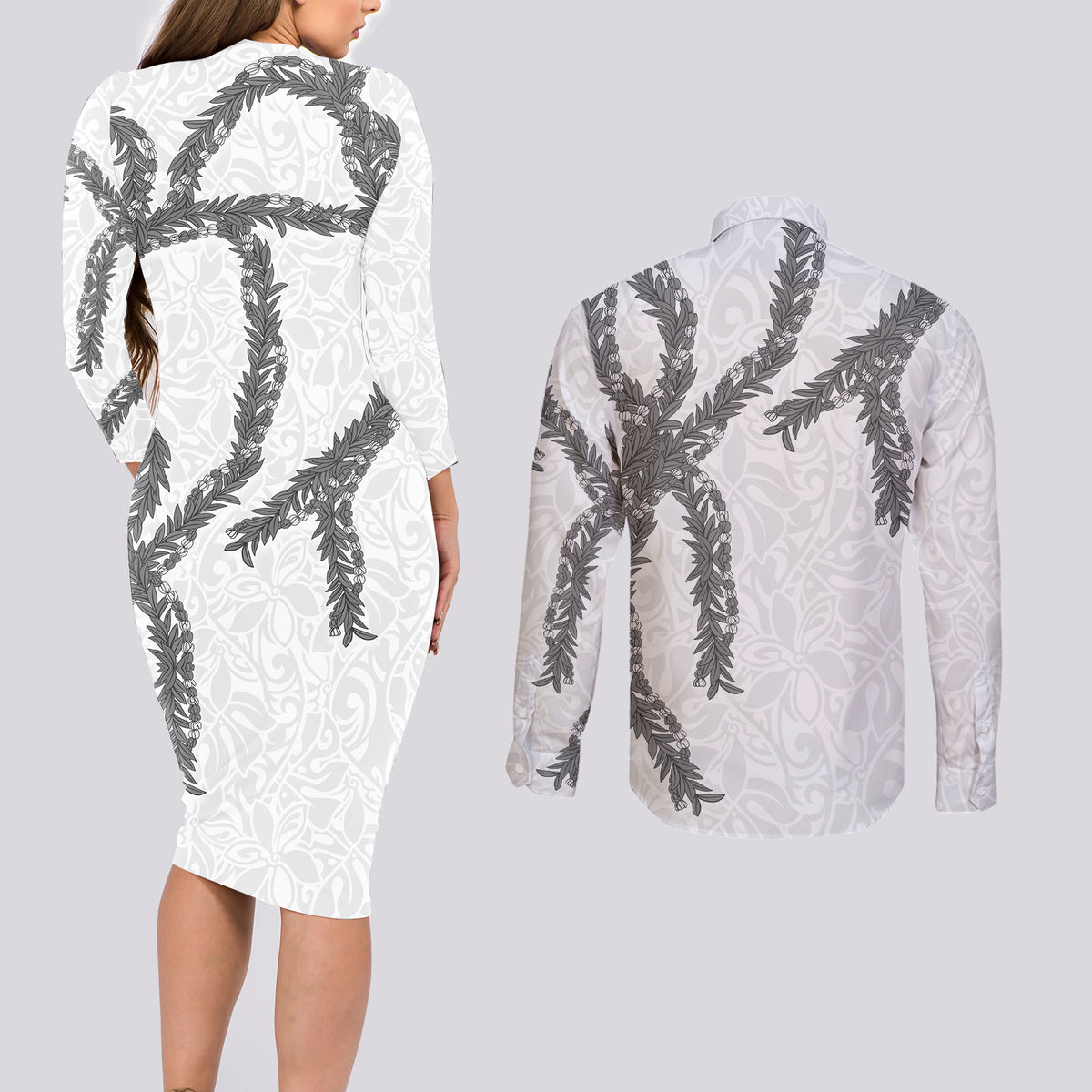 Hawaii Maile Lei Couples Matching Long Sleeve Bodycon Dress and Long Sleeve Button Shirt Aloha The Grey Color