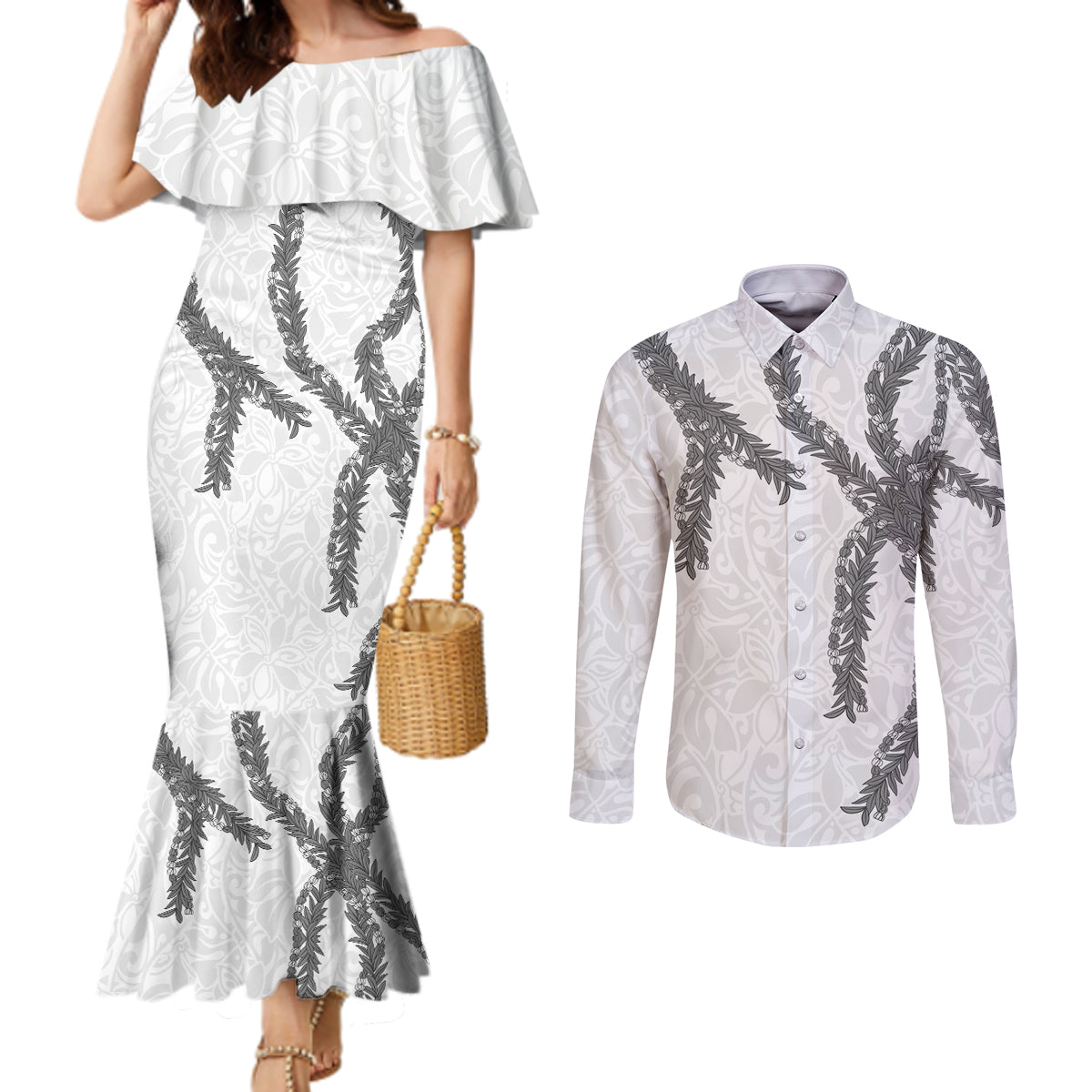 Hawaii Maile Lei Couples Matching Mermaid Dress and Long Sleeve Button Shirt Aloha The Grey Color