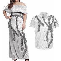 Hawaii Maile Lei Couples Matching Off Shoulder Maxi Dress and Hawaiian Shirt Aloha The Grey Color LT03 Grey - Polynesian Pride