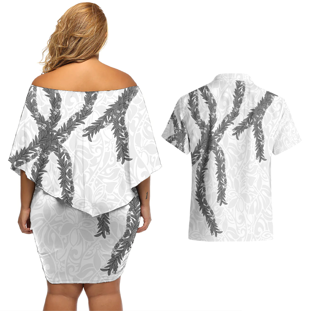 Hawaii Maile Lei Couples Matching Off Shoulder Short Dress and Hawaiian Shirt Aloha The Grey Color