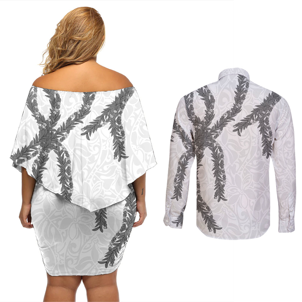 Hawaii Maile Lei Couples Matching Off Shoulder Short Dress and Long Sleeve Button Shirt Aloha The Grey Color