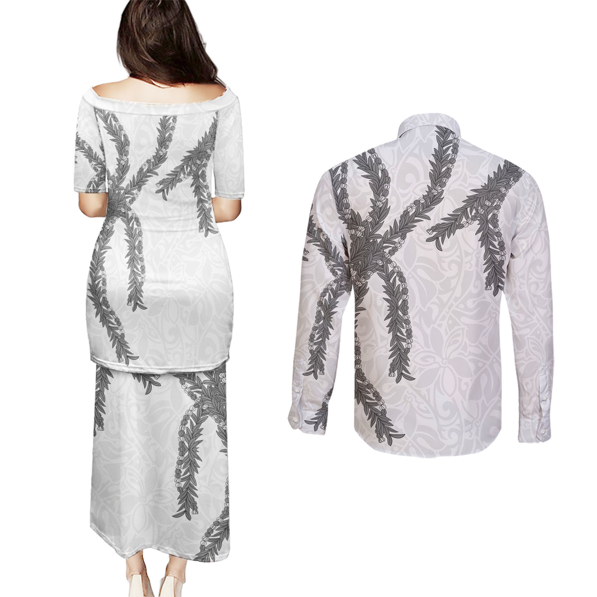 Hawaii Maile Lei Couples Matching Puletasi and Long Sleeve Button Shirt Aloha The Grey Color