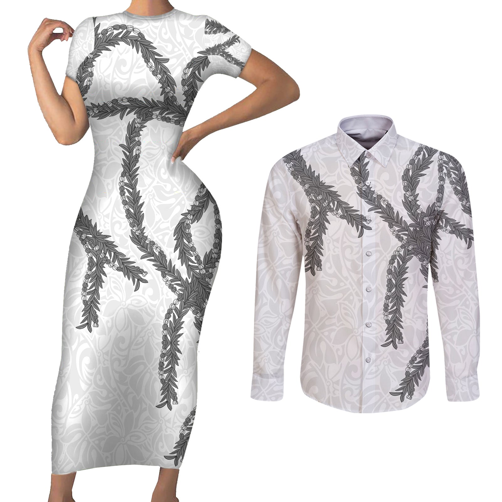 Hawaii Maile Lei Couples Matching Short Sleeve Bodycon Dress and Long Sleeve Button Shirt Aloha The Grey Color