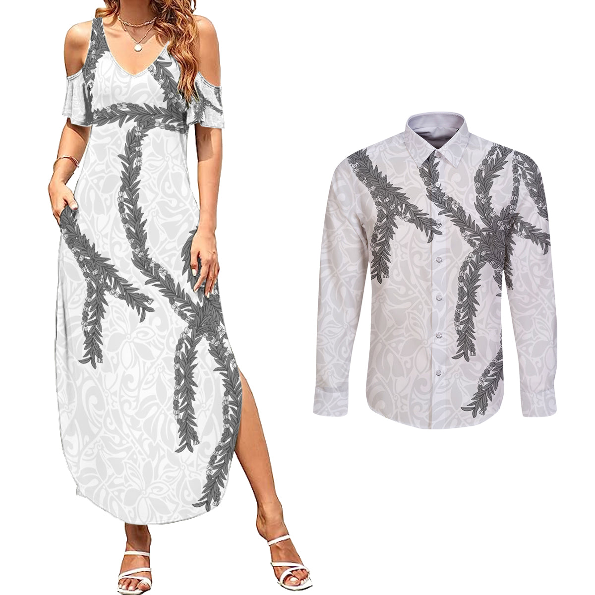 Hawaii Maile Lei Couples Matching Summer Maxi Dress and Long Sleeve Button Shirt Aloha The Grey Color