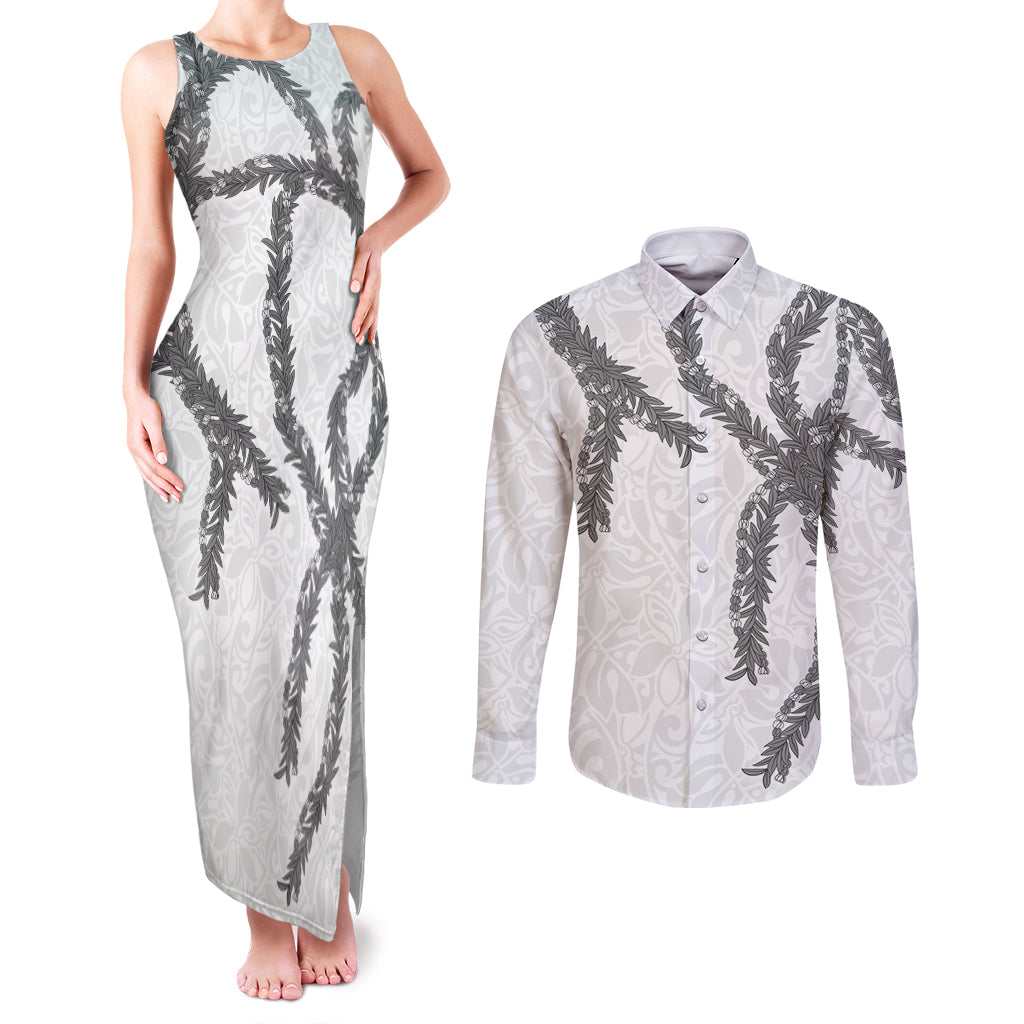 Hawaii Maile Lei Couples Matching Tank Maxi Dress and Long Sleeve Button Shirt Aloha The Grey Color