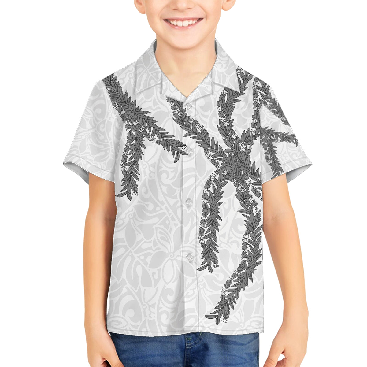 Hawaii Maile Lei Family Matching Off Shoulder Maxi Dress and Hawaiian Shirt Aloha The Grey Color LT03 Son's Shirt Grey - Polynesian Pride