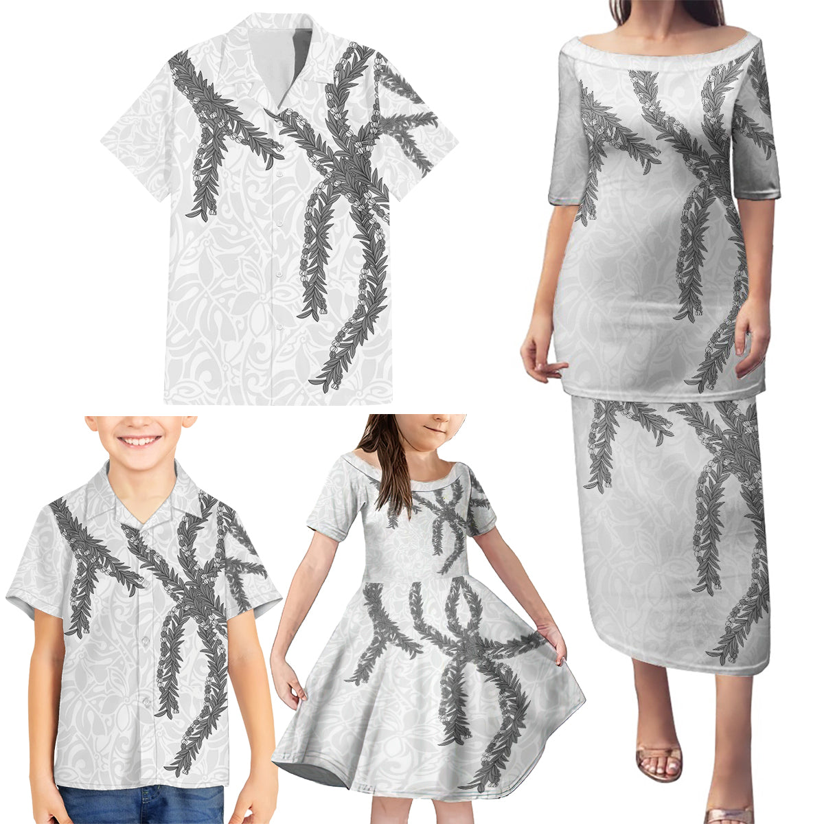 Hawaii Maile Lei Family Matching Puletasi and Hawaiian Shirt Aloha The Grey Color LT03 - Polynesian Pride