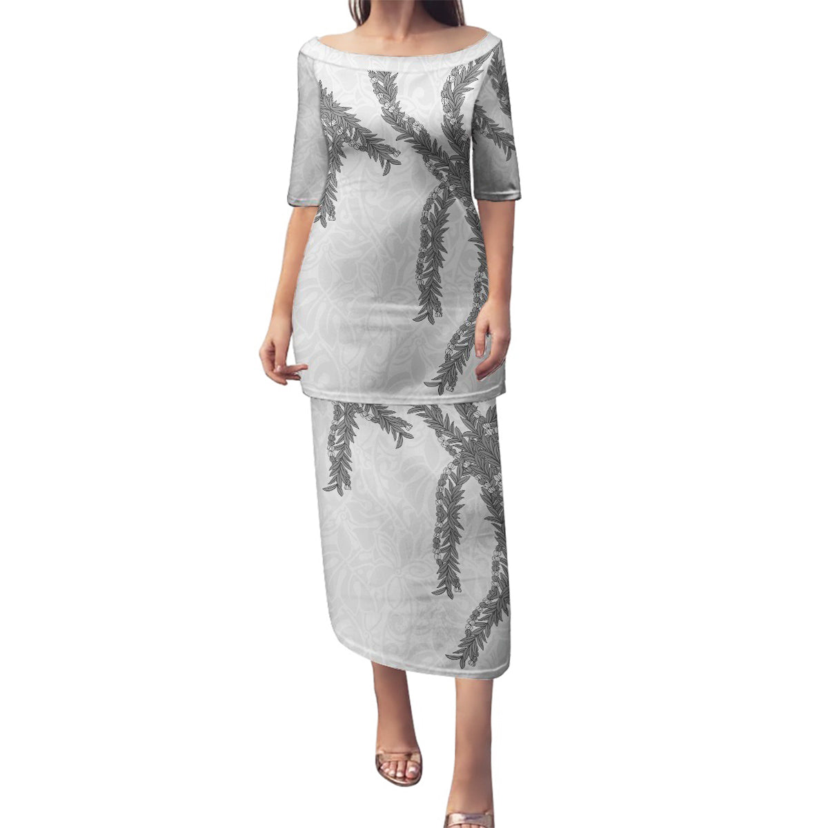 Hawaii Maile Lei Family Matching Puletasi and Hawaiian Shirt Aloha The Grey Color LT03 Mom's Dress Grey - Polynesian Pride