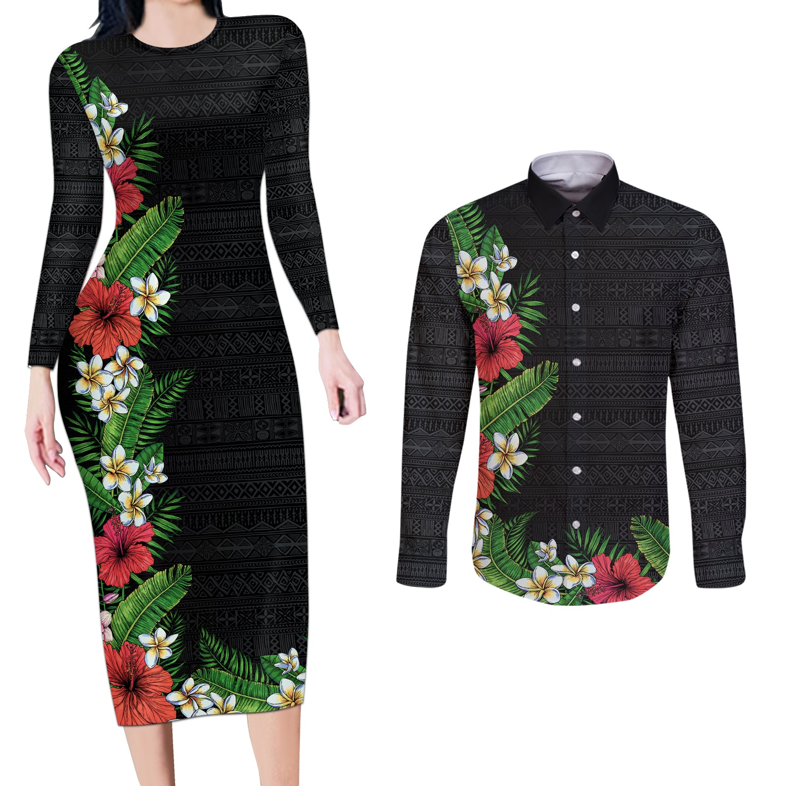 Hawaii Tropical Flowers and Leaves Couples Matching Long Sleeve Bodycon Dress and Long Sleeve Button Shirt Tapa Pattern Colorful Mode