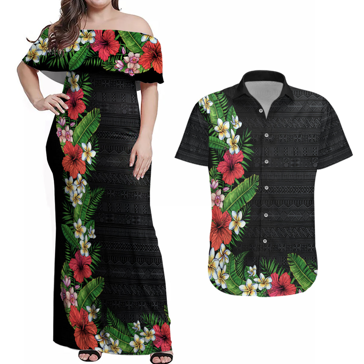 Hawaii Tropical Flowers and Leaves Couples Matching Off Shoulder Maxi Dress and Hawaiian Shirt Tapa Pattern Colorful Mode LT03 Black - Polynesian Pride