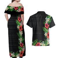 Hawaii Tropical Flowers and Leaves Couples Matching Off Shoulder Maxi Dress and Hawaiian Shirt Tapa Pattern Colorful Mode LT03 - Polynesian Pride