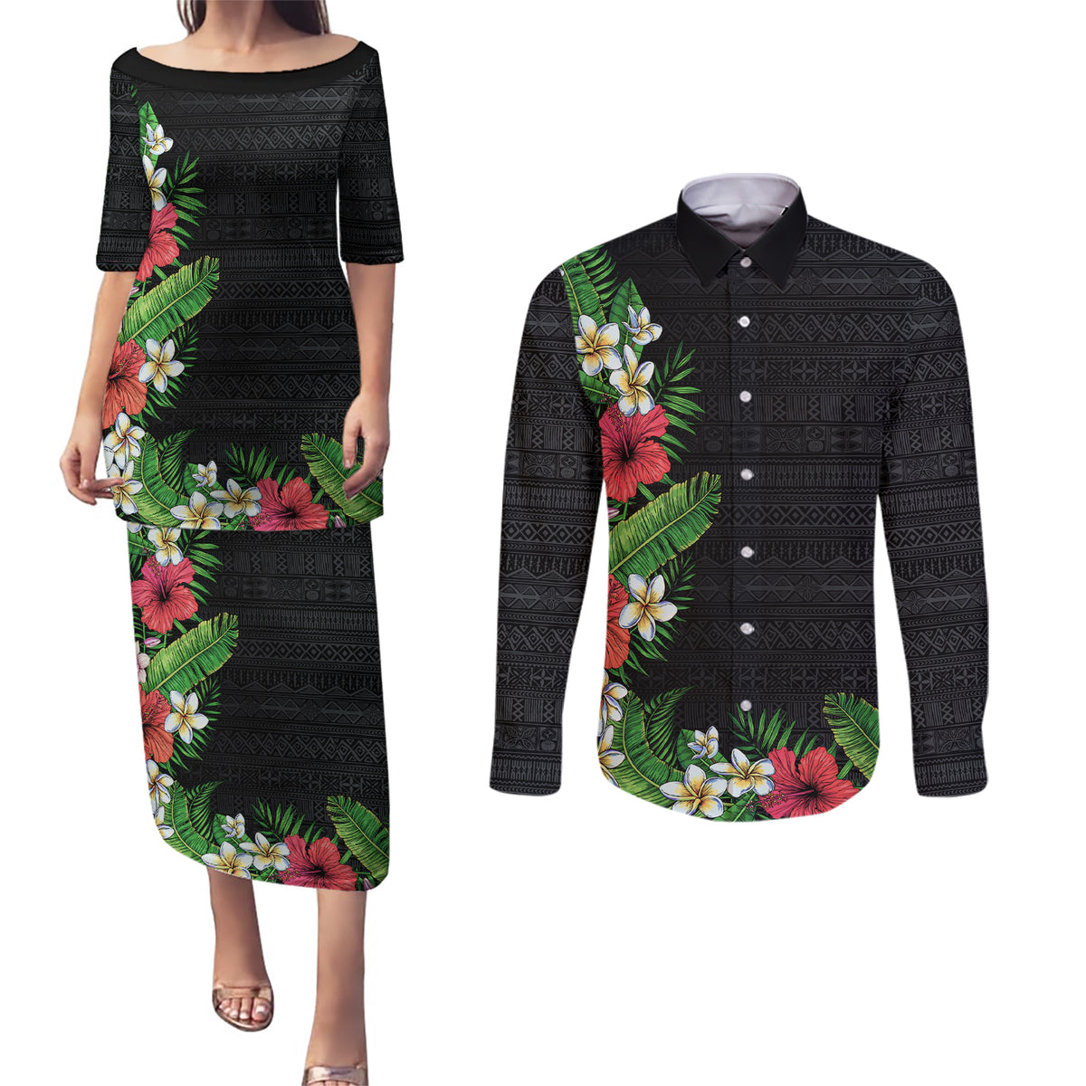 Hawaii Tropical Flowers and Leaves Couples Matching Puletasi and Long Sleeve Button Shirt Tapa Pattern Colorful Mode