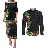 Hawaii Tropical Flowers and Leaves Couples Matching Puletasi and Long Sleeve Button Shirt Tapa Pattern Colorful Mode