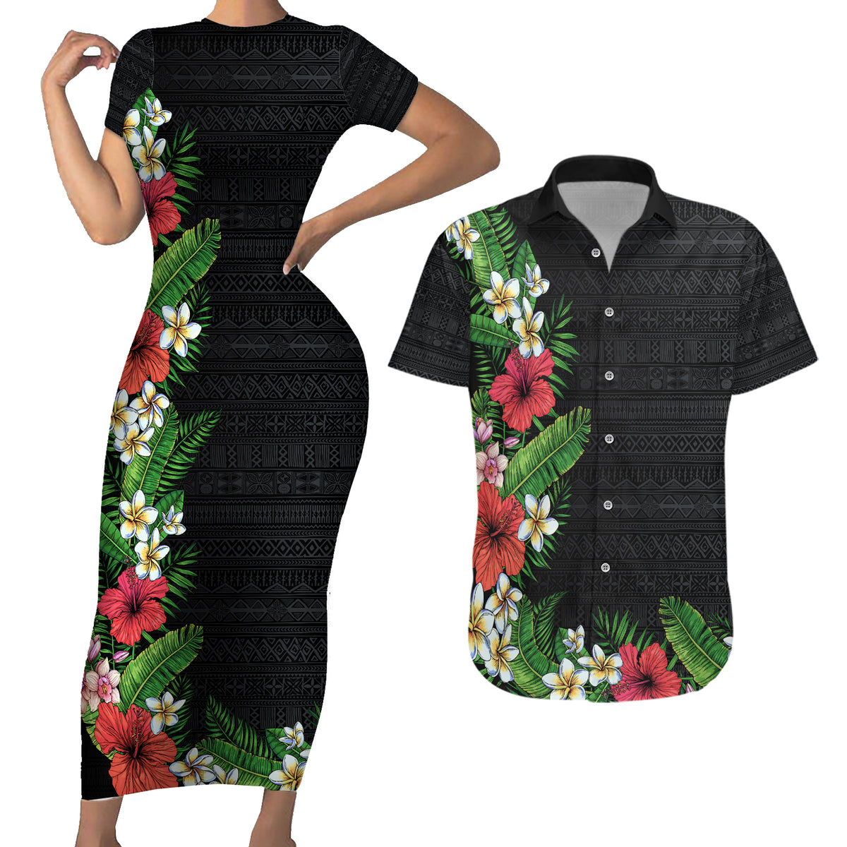 Hawaii Tropical Flowers and Leaves Couples Matching Short Sleeve Bodycon Dress and Hawaiian Shirt Tapa Pattern Colorful Mode LT03 Black - Polynesian Pride