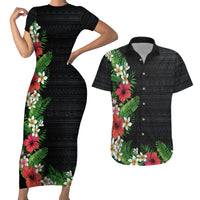Hawaii Tropical Flowers and Leaves Couples Matching Short Sleeve Bodycon Dress and Hawaiian Shirt Tapa Pattern Colorful Mode LT03 Black - Polynesian Pride
