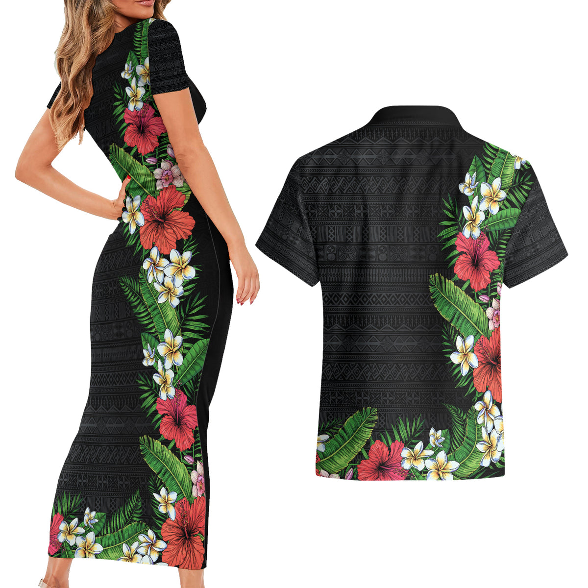 Hawaii Tropical Flowers and Leaves Couples Matching Short Sleeve Bodycon Dress and Hawaiian Shirt Tapa Pattern Colorful Mode LT03 - Polynesian Pride