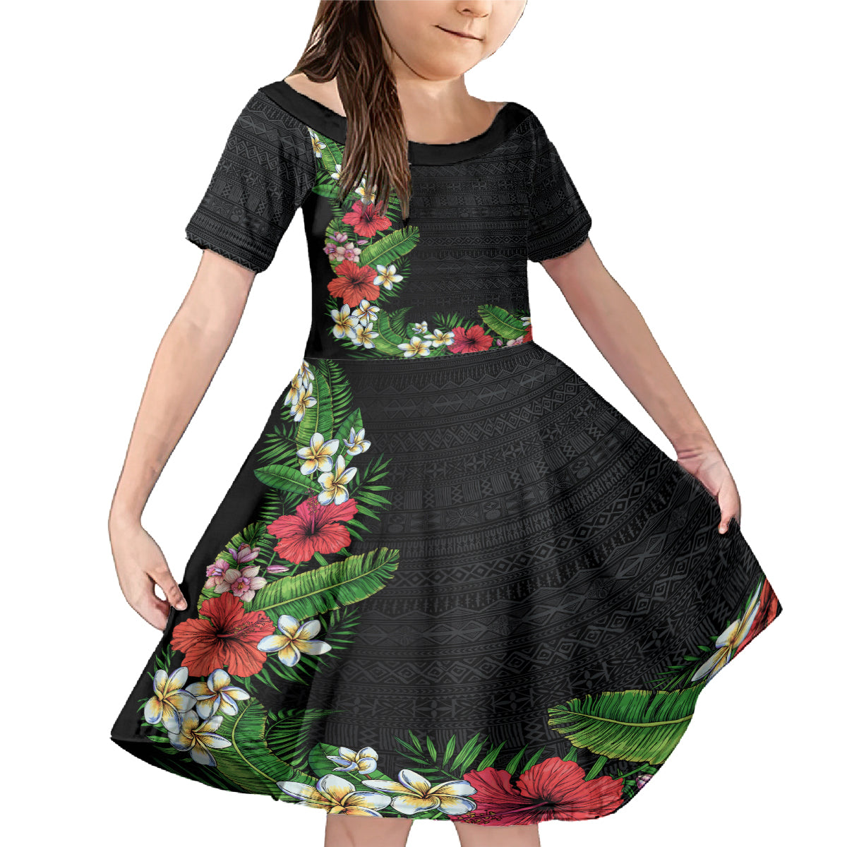 Hawaii Tropical Flowers and Leaves Family Matching Mermaid Dress and Hawaiian Shirt Tapa Pattern Colorful Mode LT03 Daughter's Dress Black - Polynesian Pride