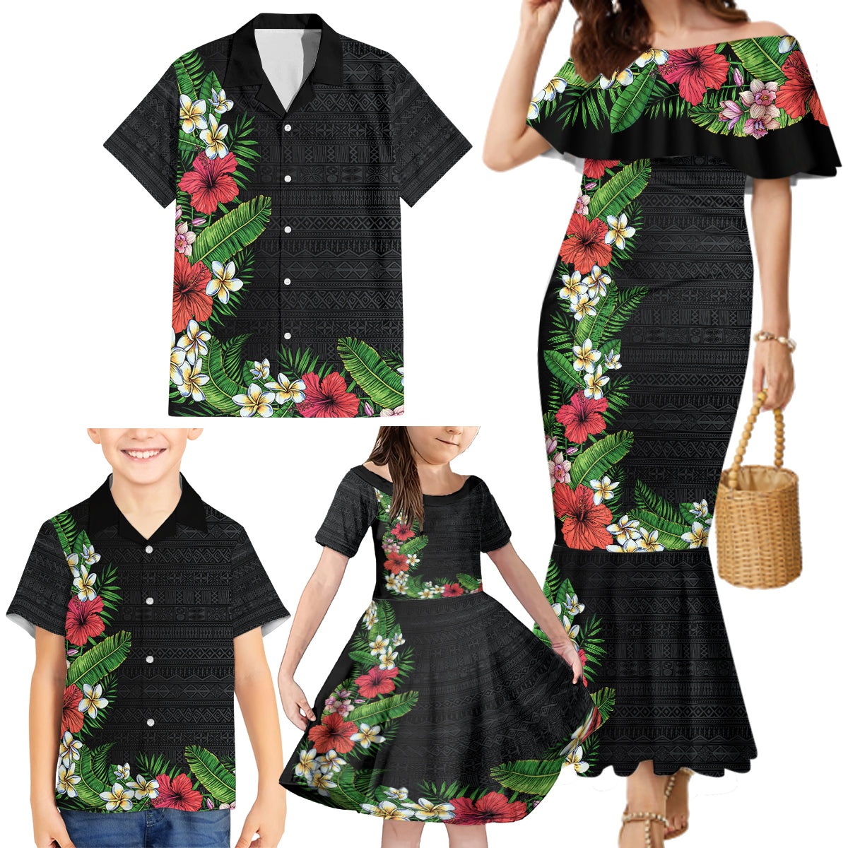 Hawaii Tropical Flowers and Leaves Family Matching Mermaid Dress and Hawaiian Shirt Tapa Pattern Colorful Mode LT03 - Polynesian Pride