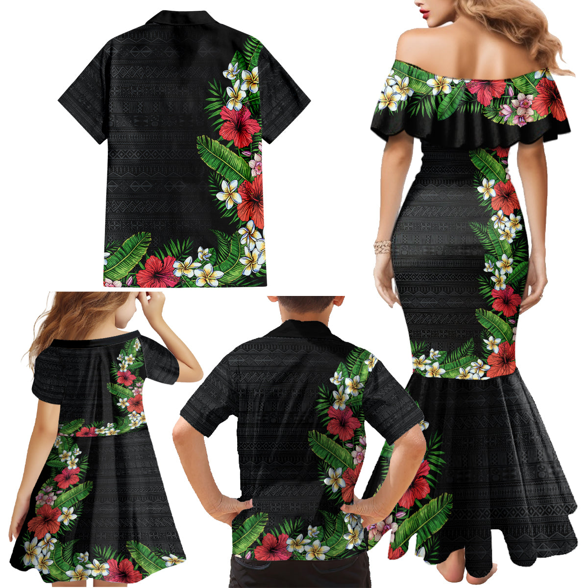 Hawaii Tropical Flowers and Leaves Family Matching Mermaid Dress and Hawaiian Shirt Tapa Pattern Colorful Mode LT03 - Polynesian Pride