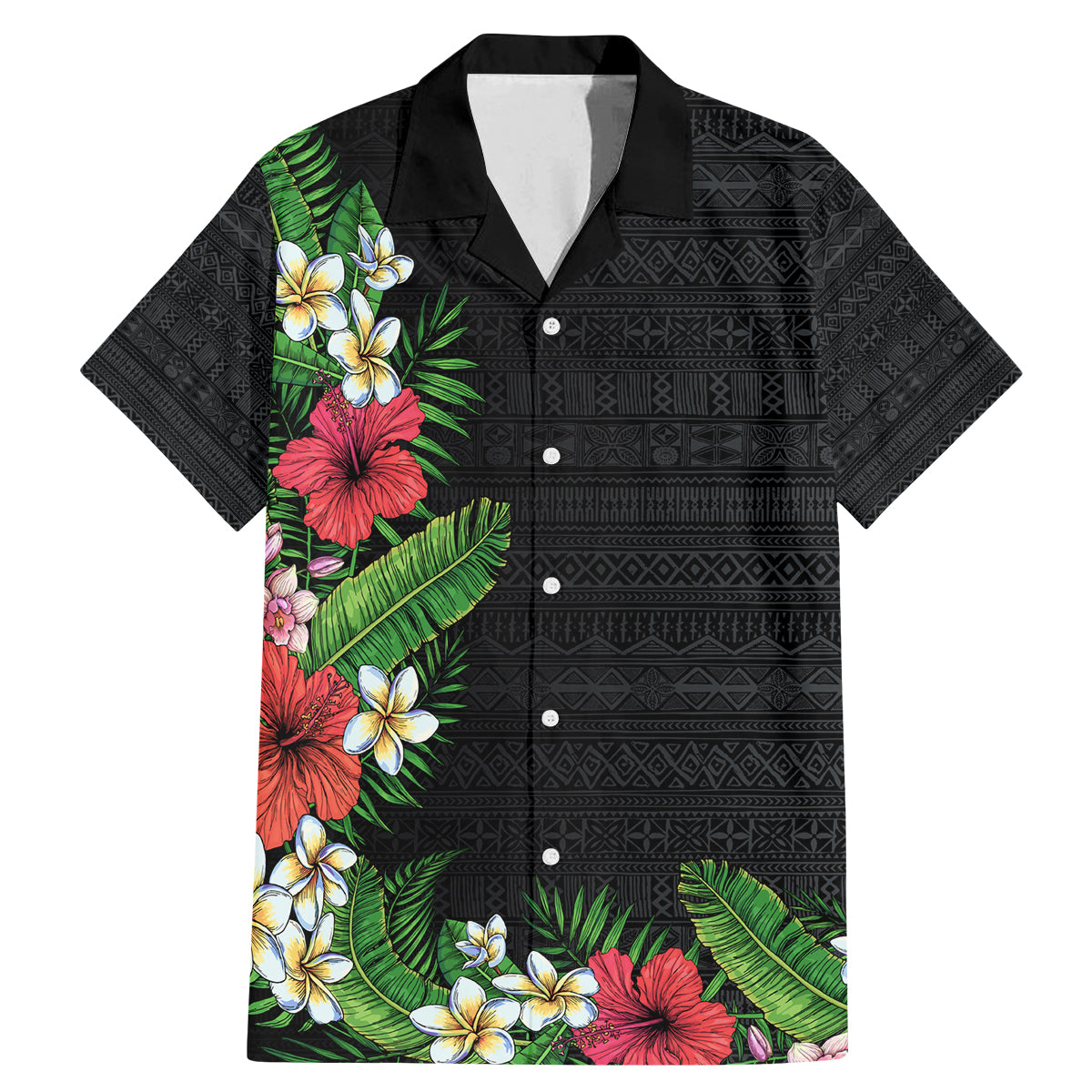 Hawaii Tropical Flowers and Leaves Family Matching Mermaid Dress and Hawaiian Shirt Tapa Pattern Colorful Mode LT03 Dad's Shirt - Short Sleeve Black - Polynesian Pride