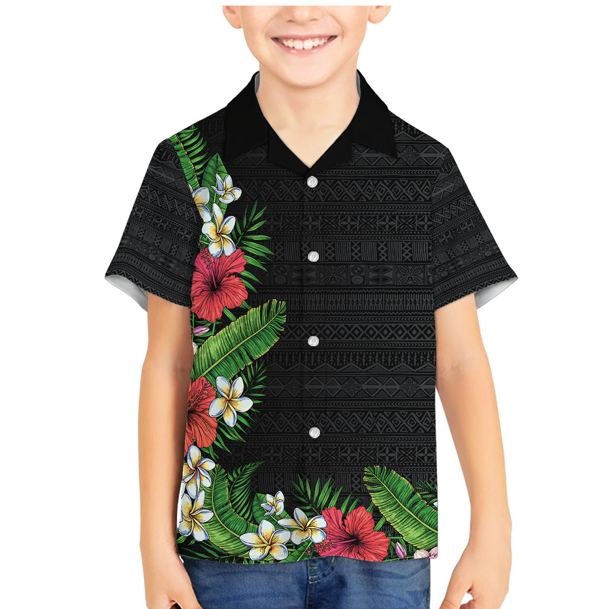 Hawaii Tropical Flowers and Leaves Family Matching Mermaid Dress and Hawaiian Shirt Tapa Pattern Colorful Mode LT03 Son's Shirt Black - Polynesian Pride
