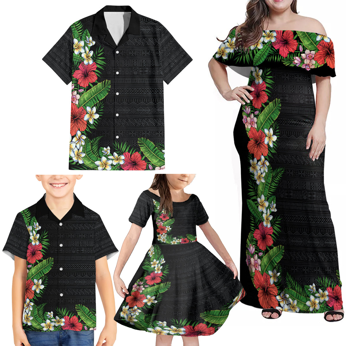 Hawaii Tropical Flowers and Leaves Family Matching Off Shoulder Maxi Dress and Hawaiian Shirt Tapa Pattern Colorful Mode LT03 - Polynesian Pride