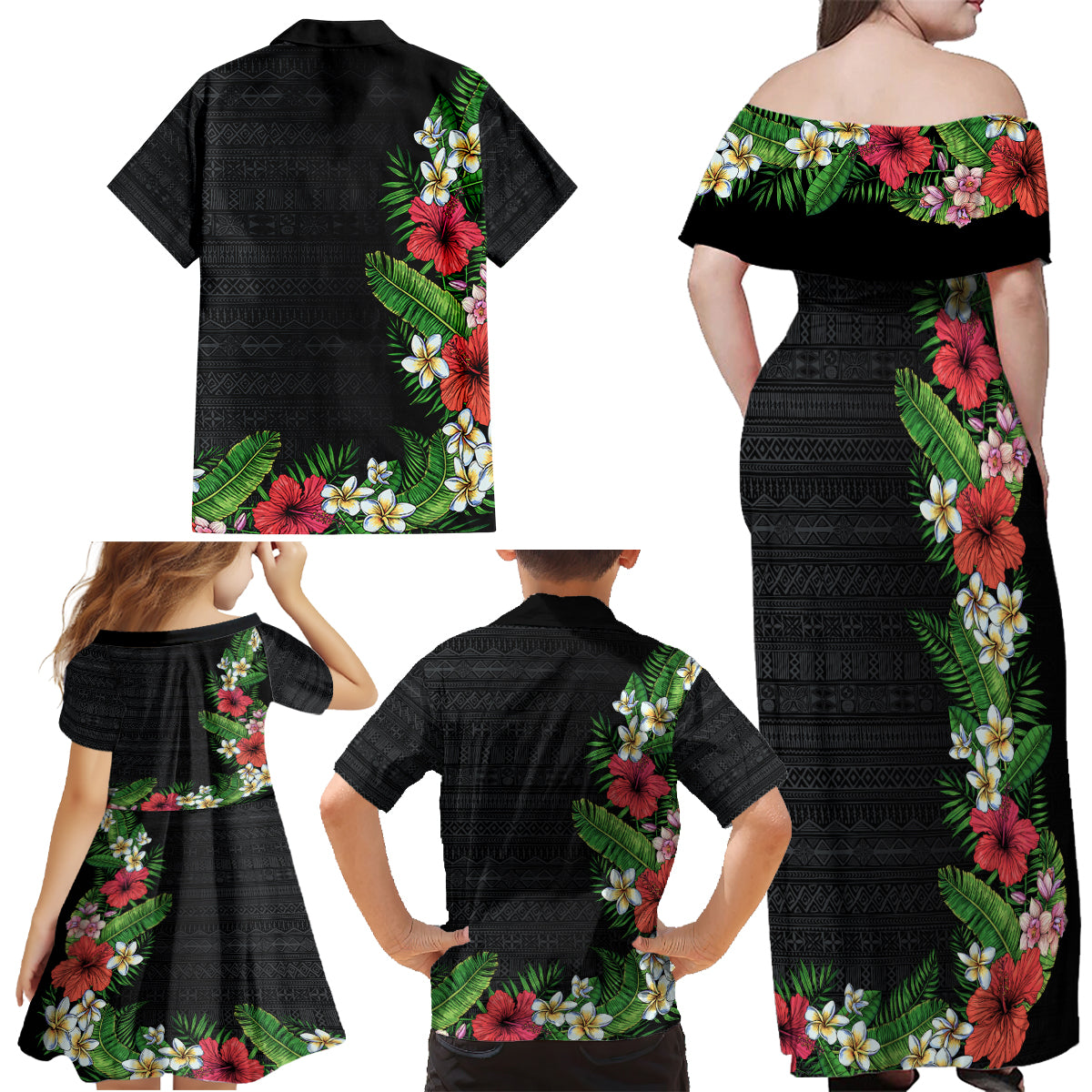 Hawaii Tropical Flowers and Leaves Family Matching Off Shoulder Maxi Dress and Hawaiian Shirt Tapa Pattern Colorful Mode LT03 - Polynesian Pride
